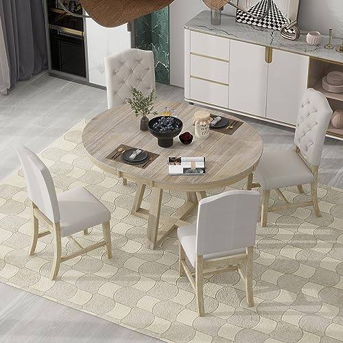 Ball & Cast 5 Piece Dining Table Set with 4 Upholstered Chairs,Living Room Furniture W/ 42" Table,Tabletop Can be Adjusted from Round to Oval in Shape,for Restaurant,Home Bistro,Natural Ball & Cast
