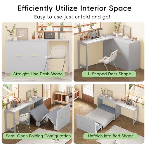JIVOIT Twin Size Murphy Chest Dresser Bed with Desk, Foldable Cushion, Murphy Cabinet Bed with Adjustable Position Desk for Guest Room, Small Space, No Box Spring Needed (Gray//17) JIVOIT