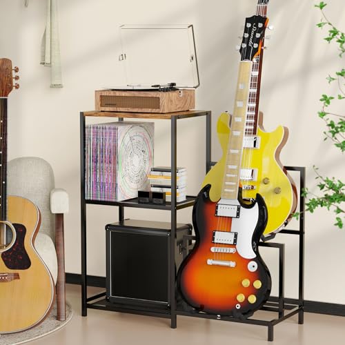 VGMiu Guitar Rack Multi Guitar Stand for Multiple Guitars, Multiple Guitar Rack Holder with Side Shelf for Acoustic, Electric Guitar, Bass, Record Player, Guitar Display Stand for Home Music Studio VGMiu