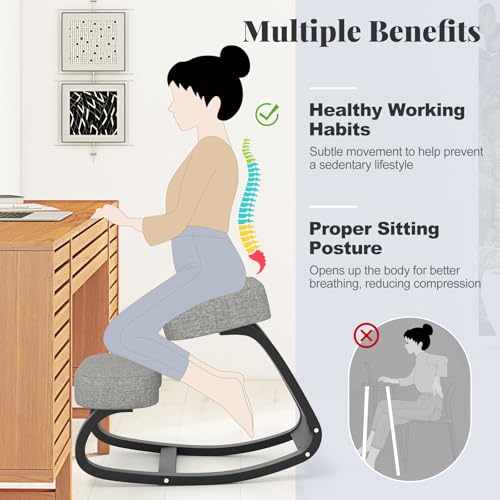 Giantex Ergonomic Kneeling Desk Chair, Upright Posture Chair with Cushion & Solid Wood Frame, Natural Relief for Neck or Back Pain, Wooden Knee Chair for Home Office (1) Giantex