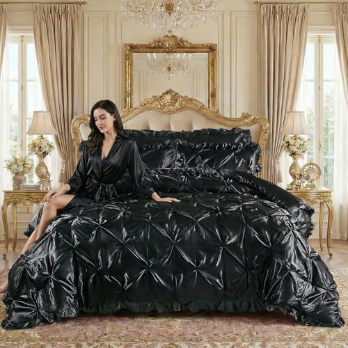 Bedbay Black Satin Comforter Queen Pinch Pleat Bedding Silk Like Satin Ruffled Duvet Set 4 Pcs with Black Ruffle Silky Body Pillow Cover Aesthetic Room Decor Luxury Satin Bedding Set for All Season Bedbay