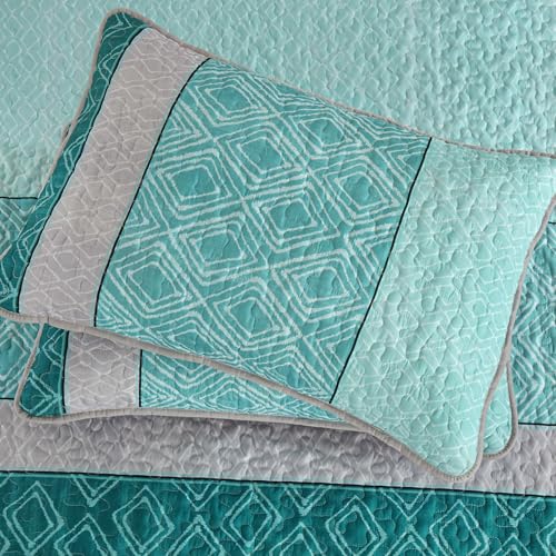 Cottolester Teal Quilt Set Full Size,Striped Plaid Bedspread,Blue Boho Bedding Set Soft Microfiber Quilt for Teens Boys Adults 78"x90" Cottolester