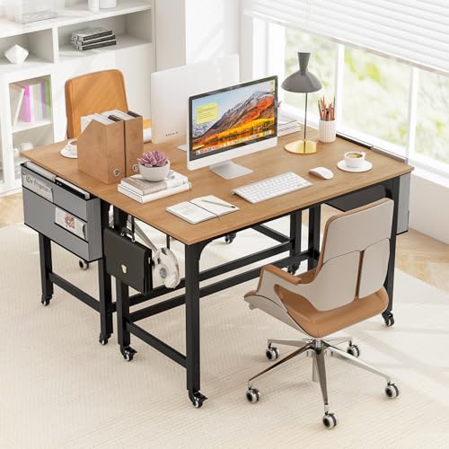 Tangkula Conference Room Table Set of 4, Mobile Computer Desk with Removable Storage Bag & 2 Hanging Hooks, Rolling Meeting Table with Heavy-Duty Metal Frame, Conference Desk (Natural) Tangkula