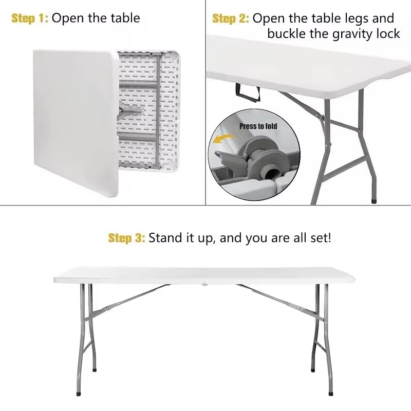 6ft Heavy Duty Folding Table with Handle Portable Plastic Foldable Table for Indoor/Outdoor Events, Camping, Parties, and More – Sturdy Steel Legs, Compact & Easy to Store Generic