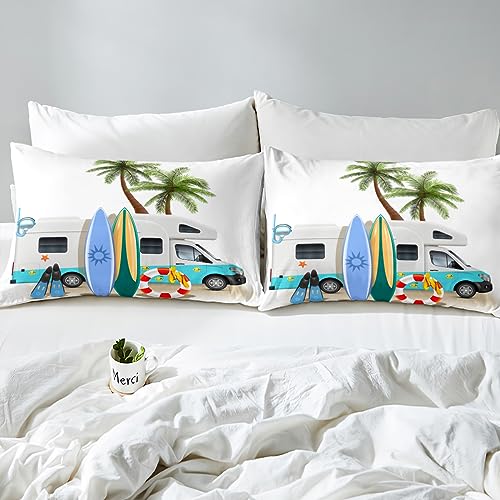 Erosebridal Ocean Beach Down Comforter Full Size, Cartoon Surfboard Bus Bedding Set, Palm Trees Comforter Set for Kids Boys Girls Teens, Tropical Coastal Summer Holiday Duvet Insert Bedroom Decor Erosebridal