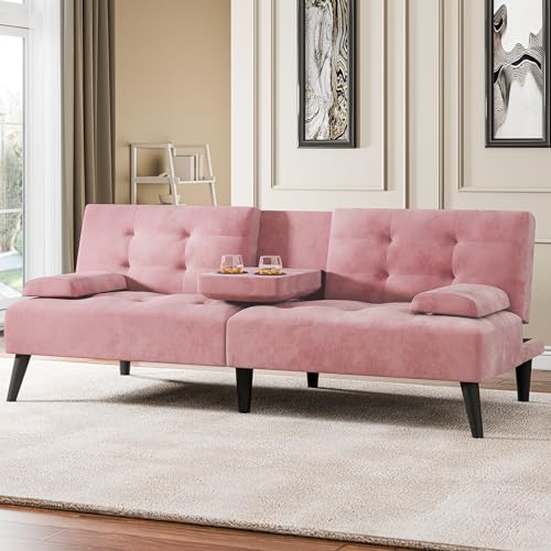 Meilocar Futon Sofa Bed, Modern Convertible Sofa Couch Recliner, 64 in Adjustable Sofa Bed for Living Room, Removable Armrest Pillow, 2 Cup Holders, 3 Angles Back, 5.3FT, Pink Meilocar