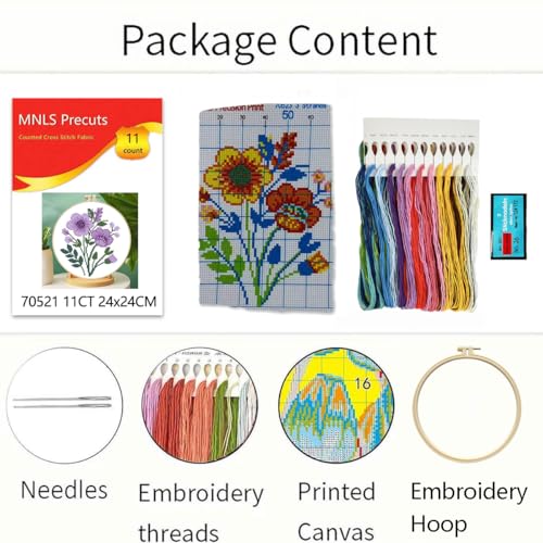 Zhenqing Purple Floral Bouquet Cross Stitch Kit for Beginners - 11CT 24x24cm Pre-Printed Pattern with Embroidery Hoop, Threads & Tools(70523)