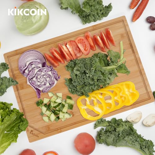 Bamboo Cutting Boards for Kitchen, Extra Large Wood Cutting Board with Deep Juice Groove and Handle Heavy Duty Chopping board, Kikcoin, 17.6" x 12" Kikcoin