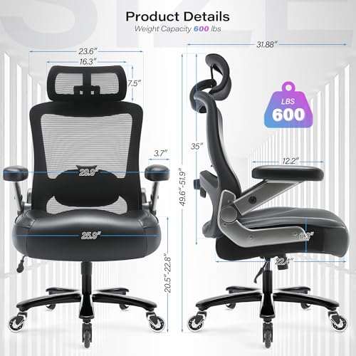600lbs Big and Tall Office Chair- Heavy Duty Executive Computer Chair with 3D Flip Arms Large Wheels, Ergonomic Mesh High Back Desk Chair, Extra Wide Seat Adjustable Lumbar Support&Headrest Petheivun