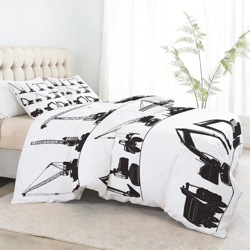 Single 61" x 79" Bedding Duvet Cover Set - White and Black Modern Construction Vehicle Minimalist Printed 3 Piece Brushed Microfiber Comforter Quilt Cover with Zipper Closure for Men and Women Generic