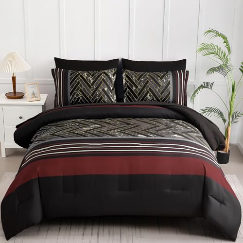 Luxudecor Black and Red Comforter Set Queen Size, 7 Pieces Stripe Geometric Bed in a Bag, Marble Comforter and Sheet Set, Soft Microfiber Complete Bedding Sets for All Seasons Luxudecor