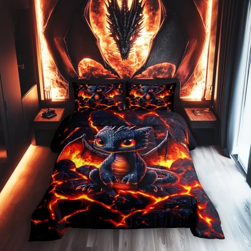 Manfei Dragon Comforter Set Twin Size,Volcano Eruption 3D Red Lava Flame Print Bedding Set 2 Pcs for Boys Girls,Cute Black Dragon Mystic Animal Natural Disaster Down Comforter,1 Pillowcase Manfei
