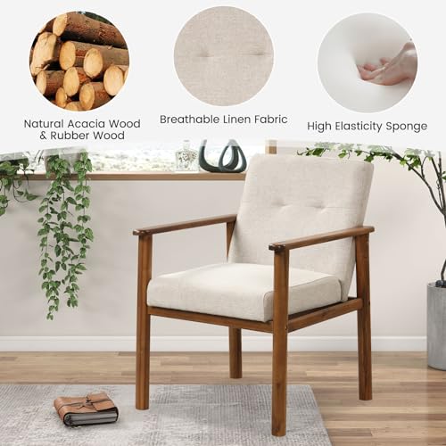GOFLAME Accent Chair Set of 2, Mid-Century Modern Armchair with Solid Wood Legs, Soft Cushioned Seat, Upholstered Linen Fabric Leisure Chair for Living Room, Bedroom, Guest Room, Office, Beige GOFLAME