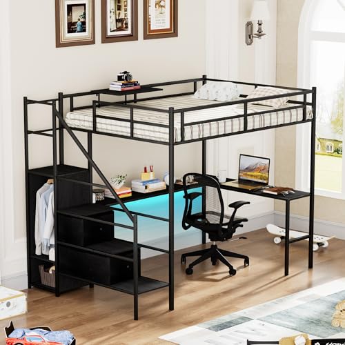 PVWIIK Staircase Full Size Loft Bed with L-Shaped Desk with Wardrobe,Charging Cradle,Loft Bed Frame with LED Lights for Kids Youths Adults Dorm Bedroom, No Box Spring Needed,Black PVWIIK