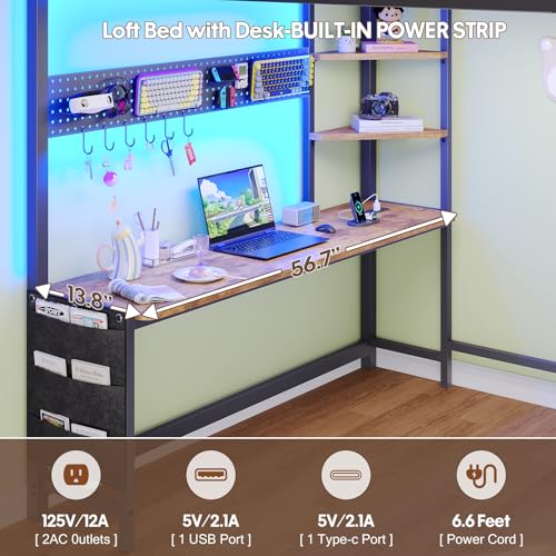 Dnxao Loft Bed with Desk Full Size,Full Size Bed Frame with 6 Storage Drawers, 2 Bedside Organizer,6 Movable Hooks,LED Lights & Charging Station,Safety Guardrail,No Box Spring Needed,Rustic Brown Dnxao