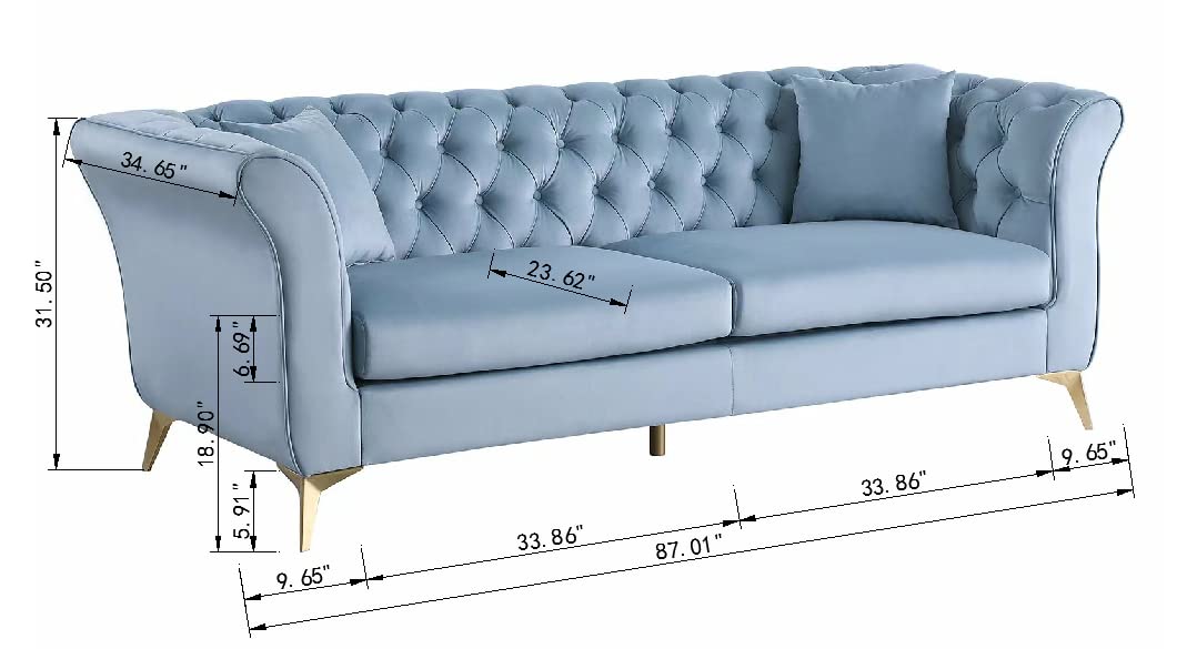 Alberobelo Chesterfield Sofa, 87" Blue Velvet Modern Couch, 3 Seater with Deep Seats, Mid-Century Design, Comfortable Sofa for Living Room, Bedroom and Office Alberobelo