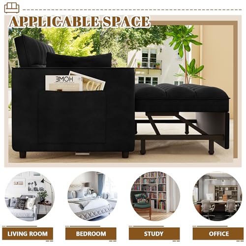 3 in 1 Convertible Sleeper Sofa Bed, 52'' Velvet Pull Out Couch Bed with Comfy Pillows & Adjustable Backrest/Side Pockets,Futon Loveseat Sleeper Sofa for Small Spaces Living Room Bedroom (Black) HRVEOCEI