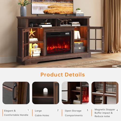 Breezestival 58" Fireplace TV Stand, Modern Entertainment Center for TVs Up to 70”, TV Console with Storage Cabinets, Media Console for Living Room, Brown TV Stand and Black Fireplace Breezestival
