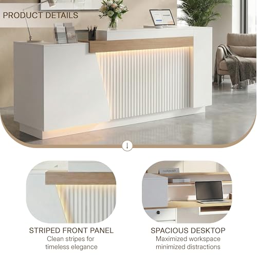 ZIMASYA 86.6" Modern Front Desk Reception Counter,Commercial Reception Room Tables with Built-in Outlets,Combination Lock Drawers, LED Lights for Office Beauty Salon Retail Store,White