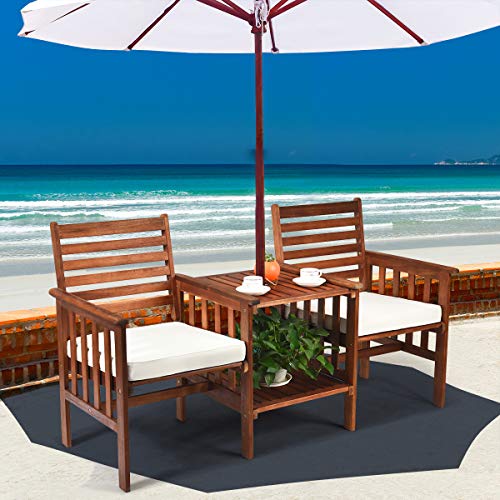 Tangkula Acacia Wood Loveseat, 3pcs Outdoor Table Chairs Set, Patio Conversation Set w/Coffee Table and Soft Cushions, 2.1-inch Umbrella Hole, 2-Seater Furniture Set (White) Tangkula