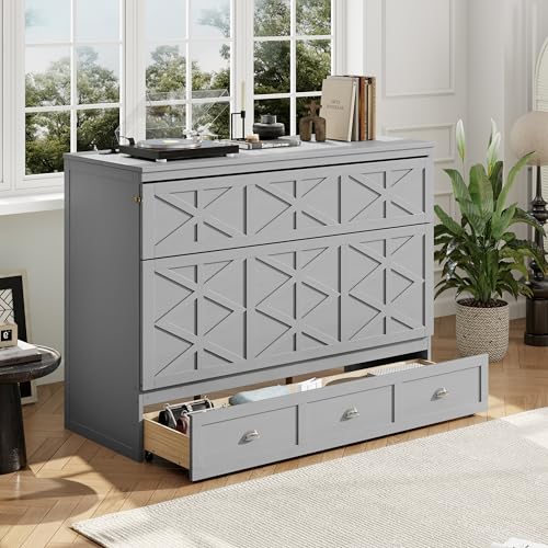 Virubi Queen Farmhouse Murphy Bed with Storage Drawer and Charging Station,Wood Folding Hidden Murphy Chest Bed Cabinet for Adults,Space Saving (Gray)