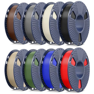 SUNLU 3D Printer Filament Bundle PLA Filament 1.75mm, Individually Vacuum Packed, 0.25kg per Spool, 2kg in Total, 8 Pack, Black+Bone White+Grey+Brown+Red+Blue+Olive Green+Wood