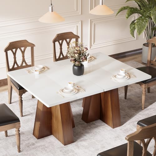 LITTLE TREE 47-Inch Kitchen Dining Table for 4-6,White Rectangular Dining Table with Walnut Wood Base, Modern Wooden Eating Table for Kitchen, Dining Room, Small Space, Home Office LITTLE TREE
