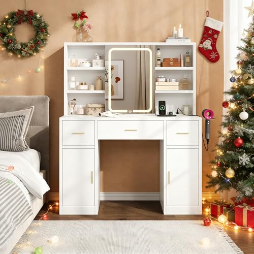 knoworld Vanity Desk with Sliding Mirror & LED Lights, Smart Makeup Table with Charging Station, Hairdryer Holder, 7 Shelves, 3 Drawers, 2 Cabinets, Vanity with Extra Hidden Stroage for Bedroom,White knoworld