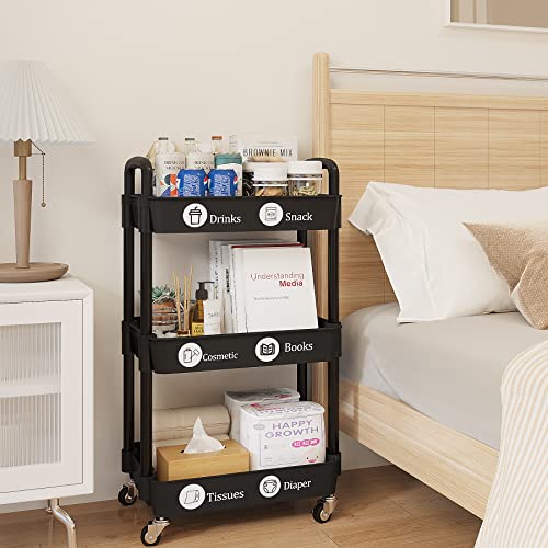 UDEAR 3-Tier Rolling Utility Cart with 12 Category Labels,Multifunctional Comagtable Rolling Shelving with Handle and Lockable Wheels for UDEAR