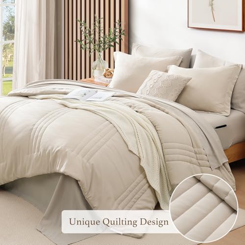 Monbix King Size Comforter Set - 7 Pieces Bed in a Bag King, Apricot Beige Bedding Sets with Comforter, All Seasons Comforter Bed Set with Sheets, Pillowcases & Shams Monbix