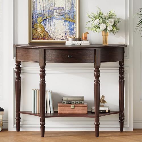 Anwick Vintage Half Moon Console Table with Shelves, Blue Mid Century Entry Way Table with Drawers & Storage, Classy Wooden Sofa Console Tables for Entryway Living Room Hallway & Foyer (Brown) Anwick