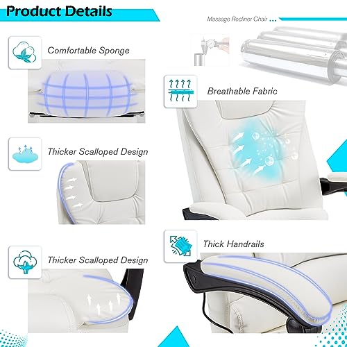 YODOLLA Ergonomic Reclining Office Chair with 7 Massage Points and Heat Function, Leather Executive Home Desk Chair w/Retractable Footrest, High Back Swivel Computer Chair, Cream White YODOLLA