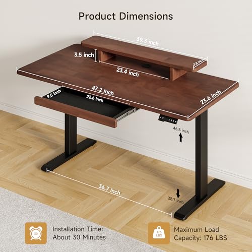 ONBRILL Standing Desk with Drawer, 47x23.6 Inches Solid Wood Desktop Stand Up Desk with Whole-Piece Board and Storage Shelf, Adjustable Height from 28-46 Inches for Home & Office, Black Walnut ONBRILL
