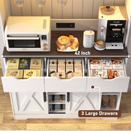 72" Farmhouse Bar Cabinet w/ 60000-color LED Lights,Outlet,Sliding Barn Door,Large Coffee Bar w/Hutch,Wine & Glasses Rack,4 Drawers,12 Shelves,Kitchen Buffet Sideboard for Kitchen,Dining Room chartustriable