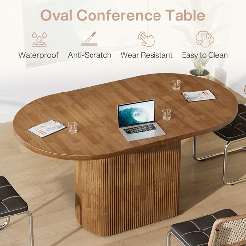 Tribesigns Oval Conference Table 47.24 Inches for 4 People, Rustic Wood Meeting Table with Polygon Base, Small Office Desk for Break Room, Seminar, Brown Tribesigns