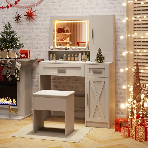 LOKO Farmhouse Vanity Set with Mirror & Lights, Dressing Table and Chair Set with 3 Lighting Modes & Adjustable Brightness, Charging Station & Hair Dryer Holder, Jewelry Cabinet, for Bedroom LOKO