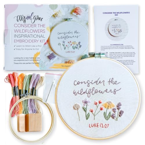 Elly & Grace Christian Embroidery Kit with Embroidery Hoop, Easy Embroidery Kit for Beginners and Adults, Full Embroidery Hoop Kit with Needles and Thread Included (Wildflowers)