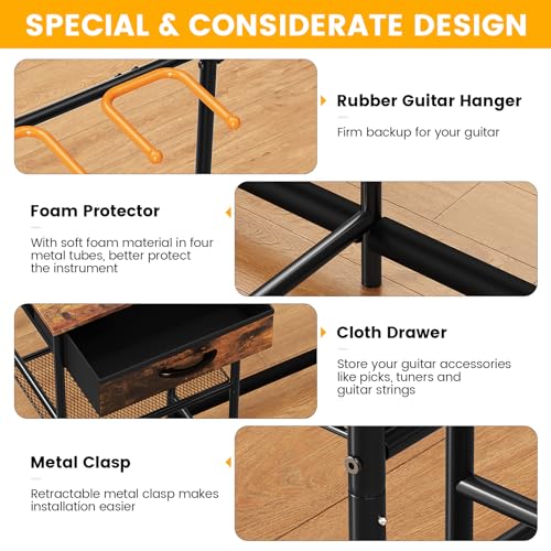 Guitar Stands Floor with 4 Guitar Holders, 3-Tier Guitar Stand Multiple Guitars, Guitar Rack with Amp Stand & Cloth Drawer, Multi Guitar Stand for Music Studio, Guitar Accessories gift for Music Lover Elerator