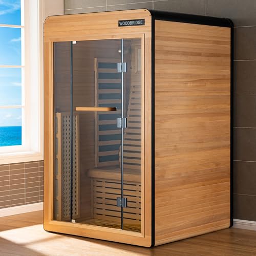 Woodbridge Infrared Home Sauna Room 2 Person Hemlock Wooden Indoor Sauna,7 Carbon 2230W/120V Heaters,with Led Color Therapy Light,Bluetooth Speaker,Tempered Glass,Touch-Tone Keypad and A Top Vent WOODBRIDGE