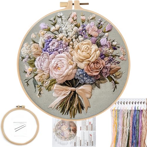 FONNUY Bouquet Flowers Embroidery Kit for Beginners, Pre-Stamped Pattern Kits for Adults with Hoop, Easy to Follow Color Thread Needlework, 8'' Hoop (Timeless Elegance)