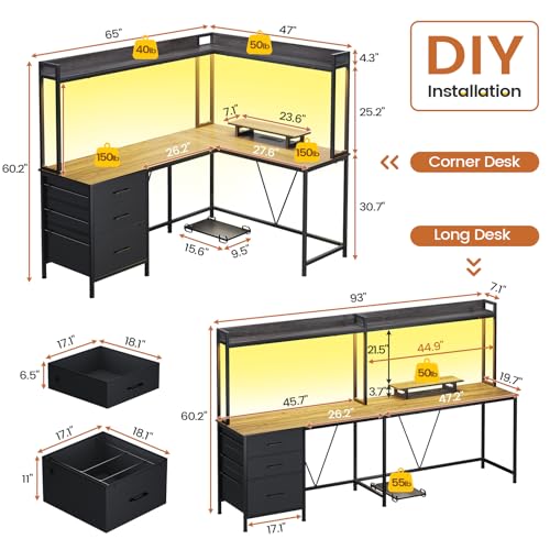 VIGKOOK L Shaped Gaming Desk with Shelves, Reversible Computer Desk with Power Outlet & LED Lights, Home Office Desks Writing Desk with 3 Drawers Monitor Stand Storage Hutch (Grey) VIGKOOK