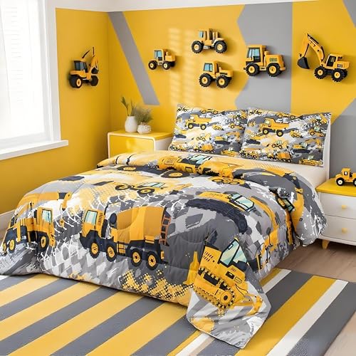 Feelyou Kids Construction Comforter Set Twin Bedding Sets for Boys Toddler Children Cartoon Cars Excavator Tractor Comforter Set Construction Machinery Truck Duvet Set Cars Bed Set with 1 Pillow Case Feelyou
