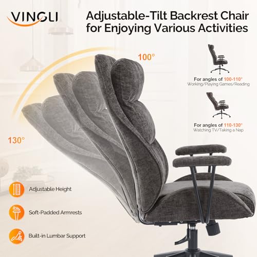VINGLI Chenille Executive Ergonomic Fabric Office Chair with 100-130° Recline, High-Back Desk Chair with Adjustable Base & Padded Back & Wheels, Comfy Chair for Gaming, Computer, Home Office,Dark Gray VINGLI