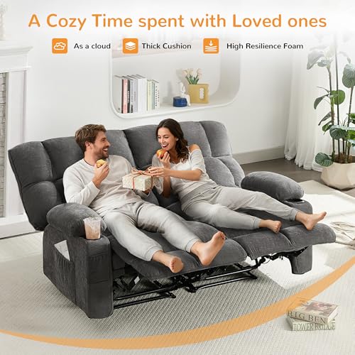 Oversized Loveseat Recliner Sofa, Big Large Reclining Sofa with Cup Holders & Side Pockets, Double Recliner, Traditional 2-Seater Manual Recliner Couch for Living Room, RV, Home Theater (Fabric,Grey)