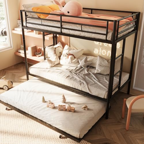 SUNLEI Bunk Bed Twin Over Twins with Trundle, Metal Loft Bed with 2 Secured Ladders, Trundle Beds Twin Safety Guard, Space-Saving, Noise Free for Small Bedroom, Black (Twin Over Twins) SUNLEI