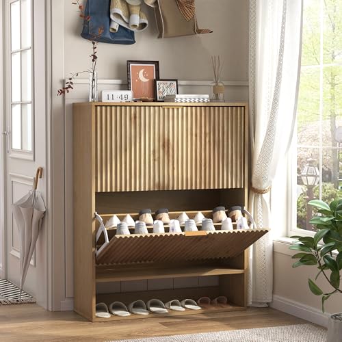 Takywep Fluted Shoe Cabinet Storage for Entryway with 2 Flip Drawers & Bottom Open Shelf, Narrow Shoe Rack Cabinet with Side Hooks, Freestanding Slim Shoe Organizer Cabinet for Foyer, Hallway, Oak Takywep