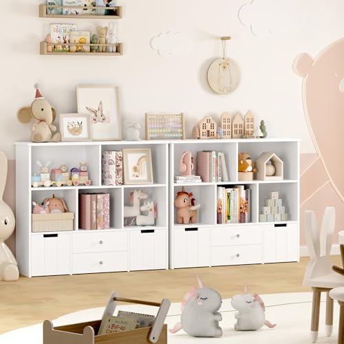 FOTOSOK Toy Storage Organizer with 4 Drawers, Toy Organizers and Storage with Concealed Wheels and 5 Storage Cubbies, Multifunctional Storage Chest Kids Storage Organization, Playroom Furniture, White FOTOSOK