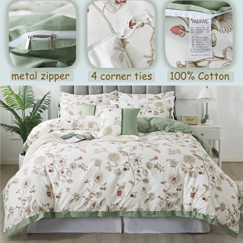 FADFAY Floral Bedding Set Full 100% Cotton Shabby and Chic Beige Green Reversible Duvet Cover Vintage Pink Flower Print Bed Covers Luxury Girls Pretty Bowknot Soft Crisp Zipper Comforter Cover 3Pcs FADFAY