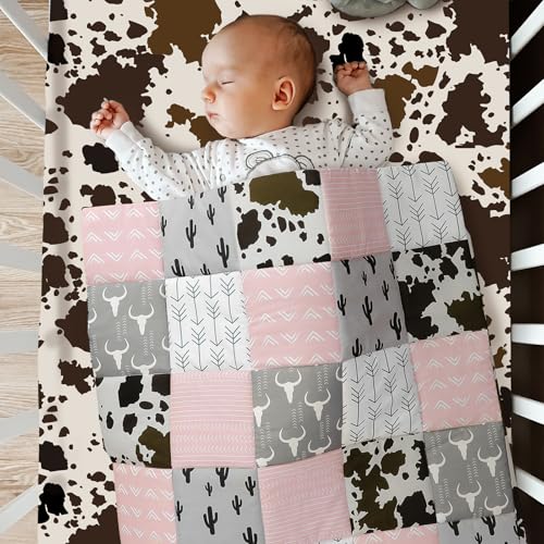 Hahafelt 3 Piece Patchwork Western Crib Bedding Set for Boys Girls Cow Cactus Print Baby Bedding Barnyard Western Nursery Decor Soft Baby Bed Set Includes Quilt Fitted Crib Sheet Bed Skirt (Cowgirls) Hahafelt