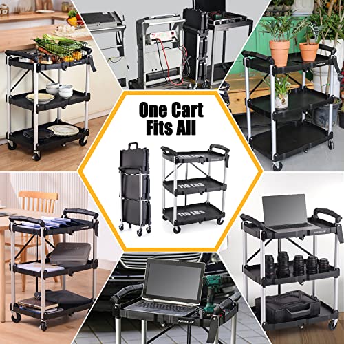 FUTURELAB Portable Folding Service Cart - 3 Tier 330LBS Capacity - Rolling Cart Utility Cart Foldable Cart with Wheels for Warehouse Home Workshops FUTURELAB